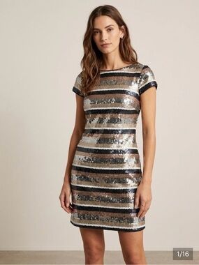 Vince Camuto Striped Sequin Mini Dress in Black, Silver & Gold